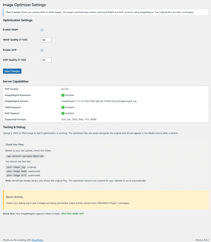 wordpress image optimization plugin admin screen, convert image in wordpress from jpeg to webp automatically.